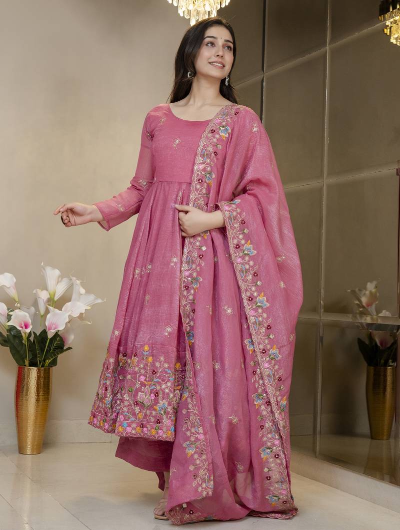 Dusty rose crunchy silk  party wear embroidery sharara suit set