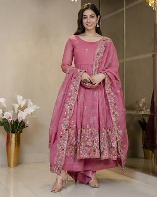Dusty rose crunchy silk  party wear embroidery sharara suit set 3