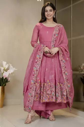 Dusty rose crunchy silk  party wear embroidery sharara suit set