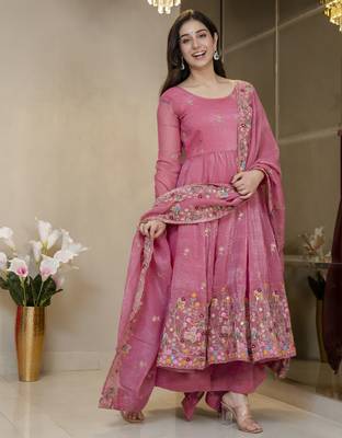 Dusty rose crunchy silk  party wear embroidery sharara suit set 4