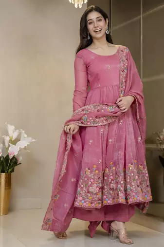 Dusty rose crunchy silk  party wear embroidery sharara suit set
