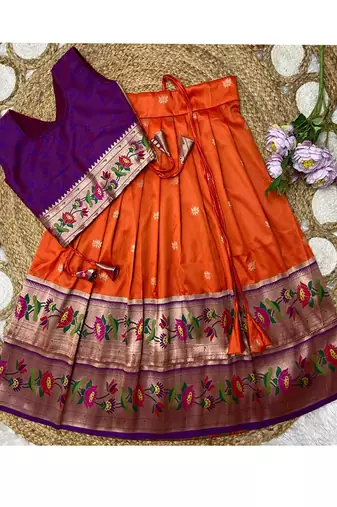 orange paithani pattu pavadai for girls ethnic wear