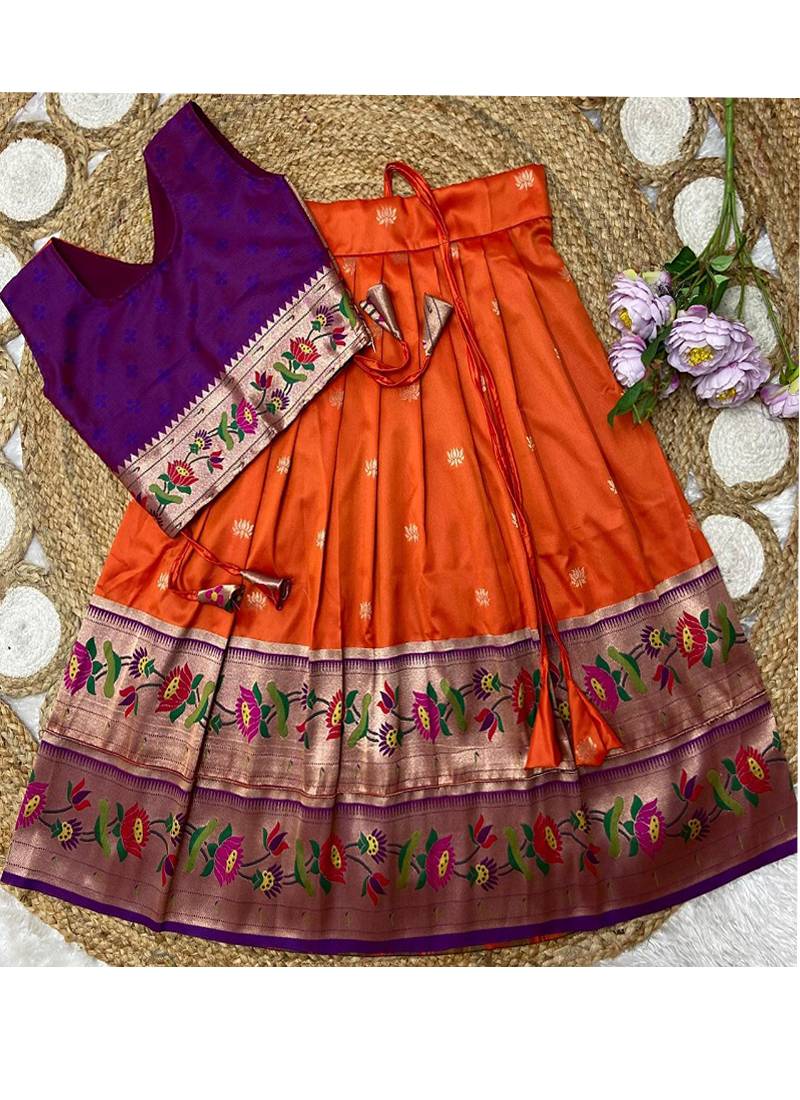 orange paithani pattu pavadai for girls ethnic wear