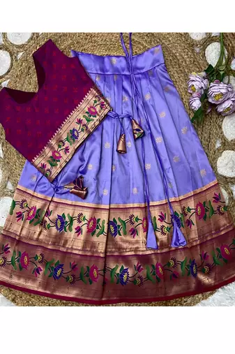 lavender paithani pattu pavadai for girls ethnic wear