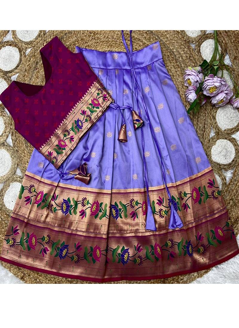 lavender paithani pattu pavadai for girls ethnic wear