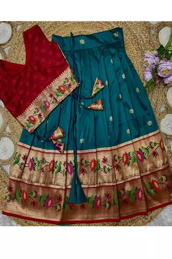 teal paithani pattu pavadai for girls ethnic wear