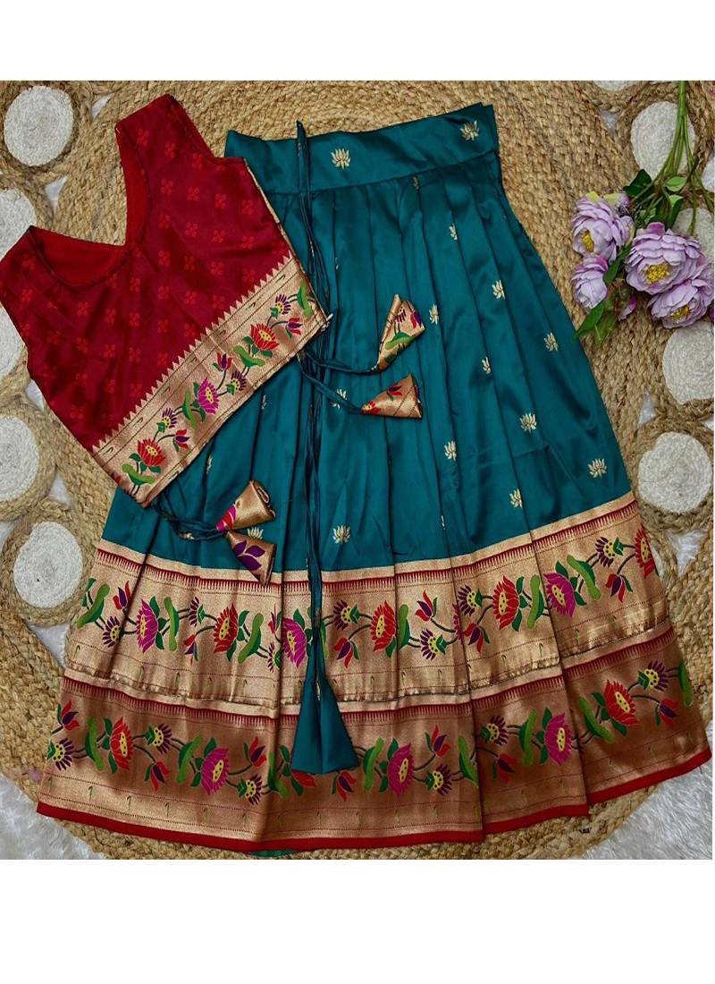 teal paithani pattu pavadai for girls ethnic wear