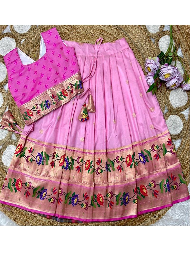 pink paithani pattu pavadai for girls ethnic wear