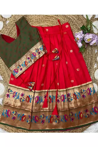 red paithani pattu pavadai for girls ethnic wear
