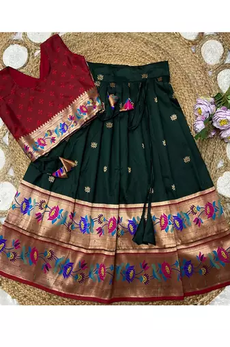 green paithani pattu pavadai for girls ethnic wear