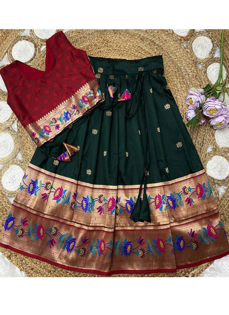 green paithani pattu pavadai for girls ethnic wear