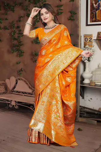 Mustard Banarasi Satin Silk Saree with Silver Zari & Thread Woven Border and Rich Traditional Pallu