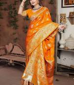 Mustard Banarasi Satin silk blend Saree with Silver Zari & Thread Woven Border and Rich Traditional Pallu