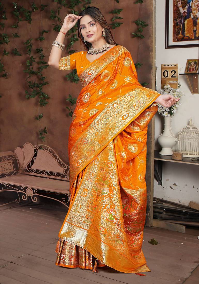 Mustard Banarasi Satin Silk Saree with Silver Zari & Thread Woven Border and Rich Traditional Pallu