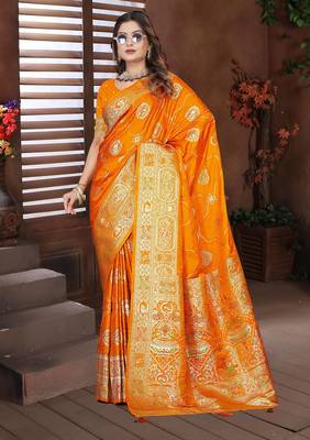 Mustard Banarasi Satin silk blend Saree with Silver Zari & Thread Woven Border and Rich Traditional Pallu 3