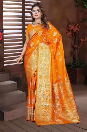 Mustard Banarasi Satin silk blend Saree with Silver Zari & Thread Woven Border and Rich Traditional Pallu
