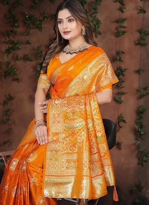 Mustard Banarasi Satin silk blend Saree with Silver Zari & Thread Woven Border and Rich Traditional Pallu 4