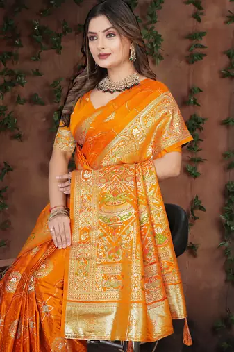Mustard Banarasi Satin silk blend Saree with Silver Zari & Thread Woven Border and Rich Traditional Pallu