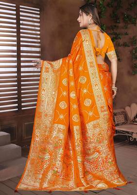 Mustard Banarasi Satin silk blend Saree with Silver Zari & Thread Woven Border and Rich Traditional Pallu 5