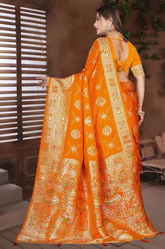 Mustard Banarasi Satin silk blend Saree with Silver Zari & Thread Woven Border and Rich Traditional Pallu