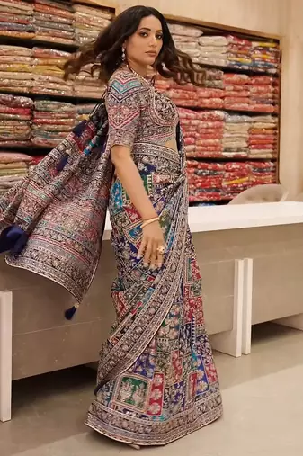 Multicolor Chinon silk blend Saree With Mirror Work