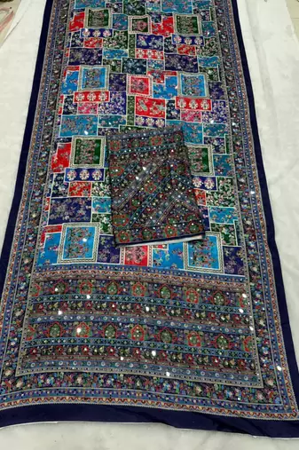 Multicolor Chinon silk blend Saree With Mirror Work
