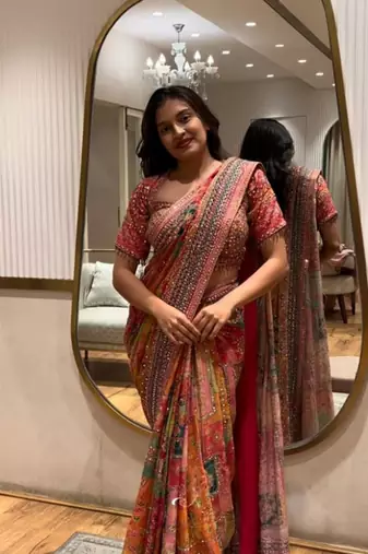 Multicolor Chinon silk blend Saree With Mirror Work