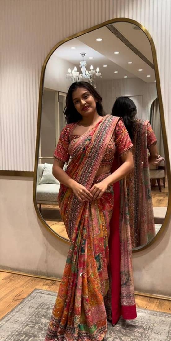 Multicolor Chinon silk blend Saree With Mirror Work