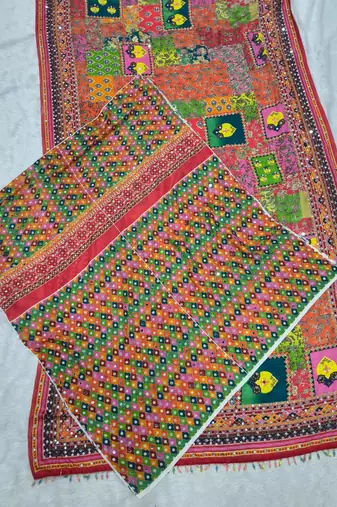 Multicolor Chinon silk blend Saree With Mirror Work