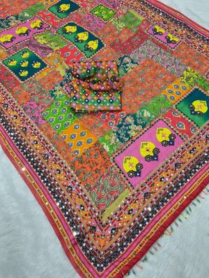 Multicolor Chinon silk blend Saree With Mirror Work 4