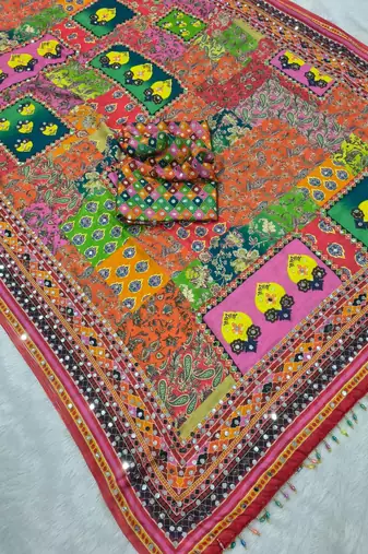 Multicolor Chinon silk blend Saree With Mirror Work