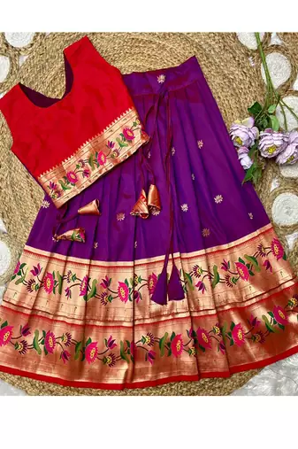 violet paithani pattu pavadai for girls ethnic wear