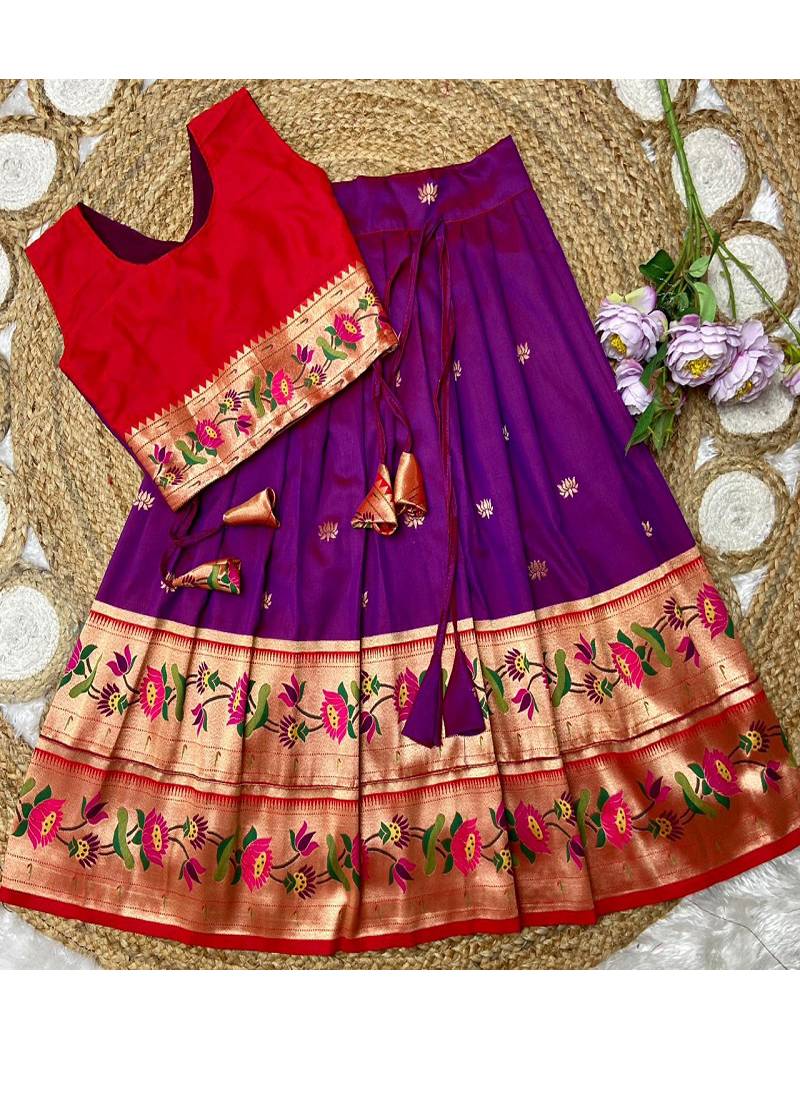 violet paithani pattu pavadai for girls ethnic wear