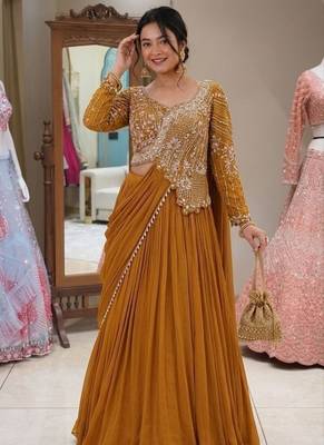 Mustard Color Embroidery Sequence Work Rangoli Silk Lehenga Choli  1