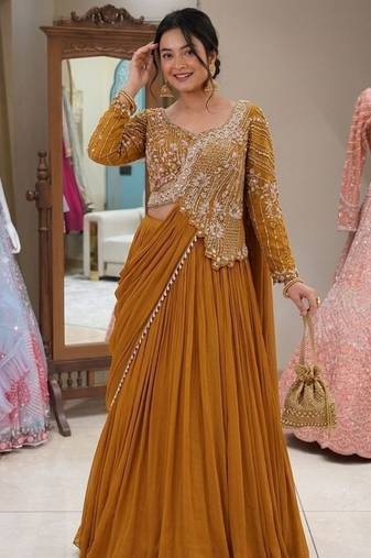 Mustard Color Embroidery Sequence Work Rangoli Silk Lehenga Choli 