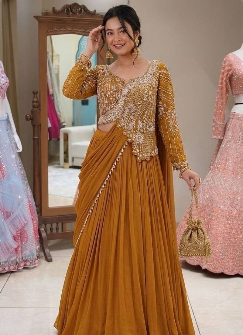 Mustard Color Embroidery Sequence Work Rangoli Silk Lehenga Choli 