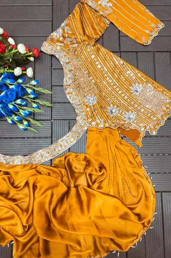 Mustard Color Embroidery Sequence Work Rangoli Silk Lehenga Choli 