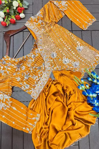 Mustard Color Embroidery Sequence Work Rangoli Silk Lehenga Choli 
