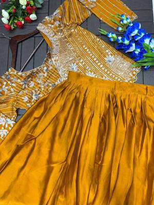 Mustard Color Embroidery Sequence Work Rangoli Silk Lehenga Choli  5