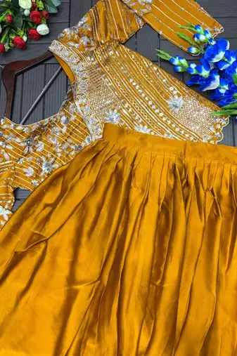 Mustard Color Embroidery Sequence Work Rangoli Silk Lehenga Choli 
