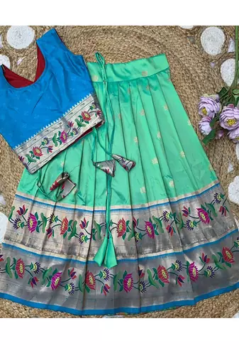 green paithani pattu pavadai for girls ethnic wear