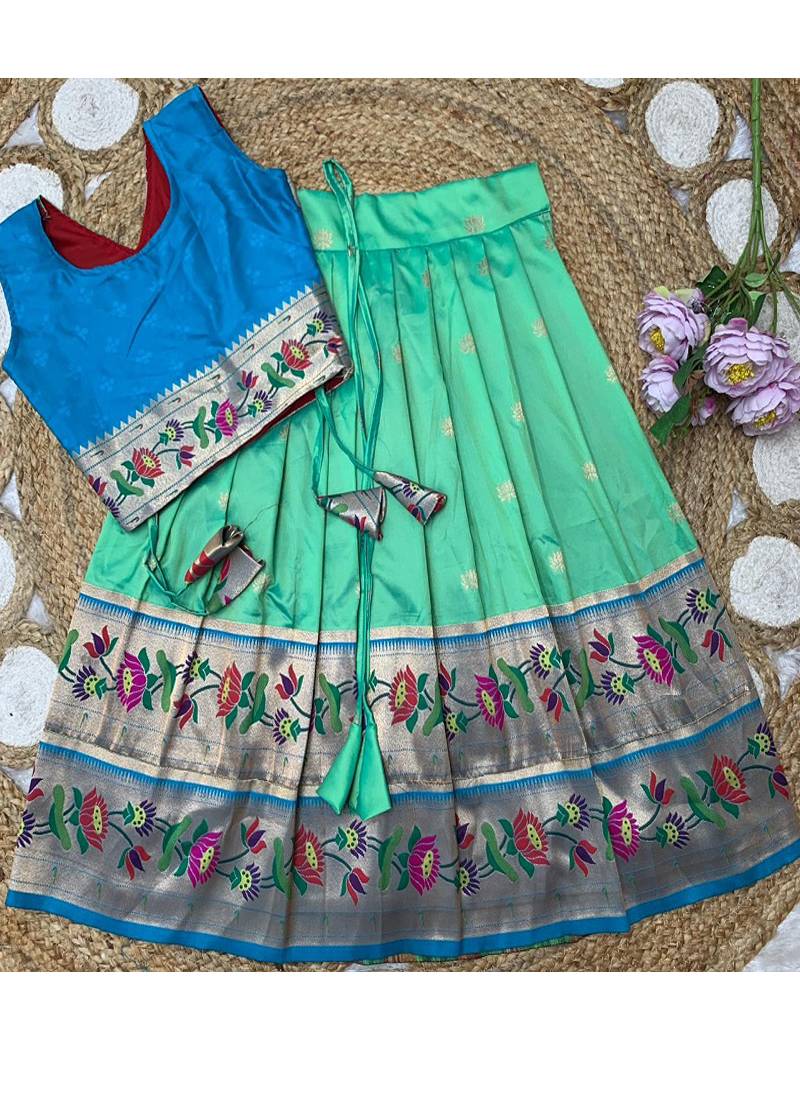 green paithani pattu pavadai for girls ethnic wear