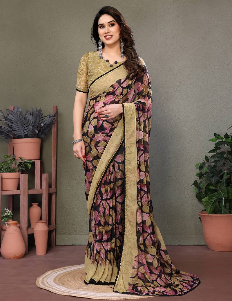 Beige chiffon printed designer saree