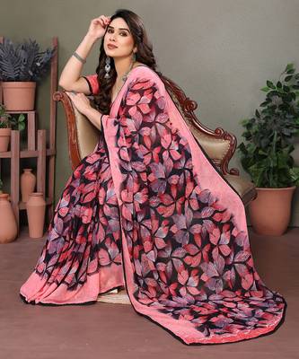 Peach chiffon printed saree 2