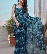 Royal blue chiffon printed designer saree