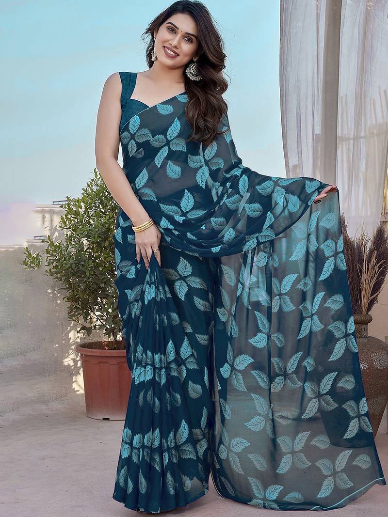 Royal blue chiffon printed designer saree