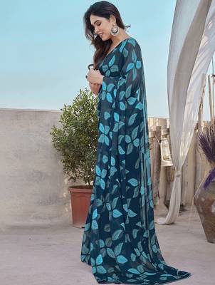 Royal blue chiffon printed saree 2