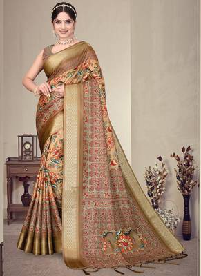 Brown cotton silk digital print saree 1