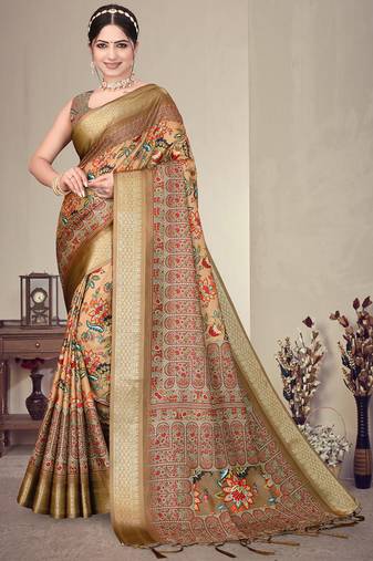 Brown cotton silk digital print saree