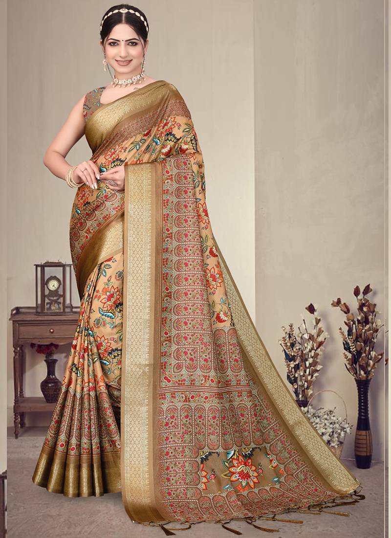 Brown cotton silk digital print designer saree